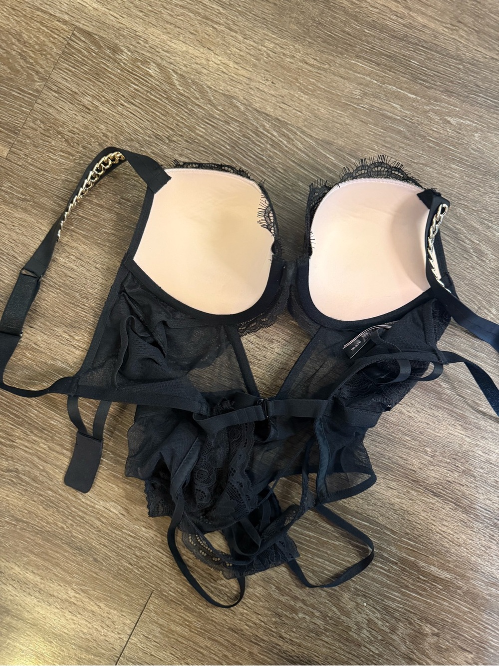 Victoria's Secret black gold chain strap lace push up teddy bodysuit - Picture 2 of 13